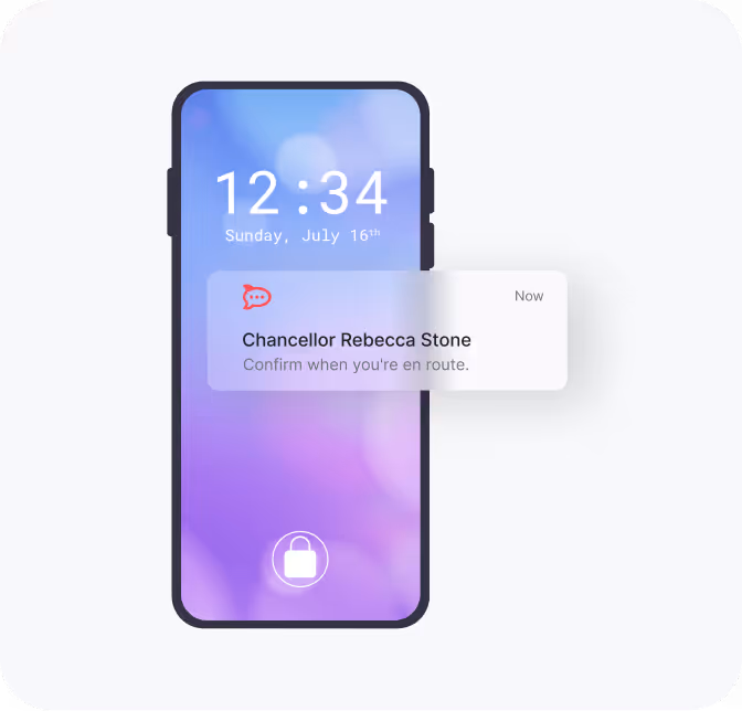 Smartphone lock screen showing time 12:34 on Sunday, July 16, with a notification from Chancellor Rebecca Stone asking to confirm when en route.