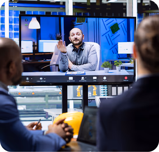 Two men attending a video conference, watching a man speaking on a large screen in a modern office setting.