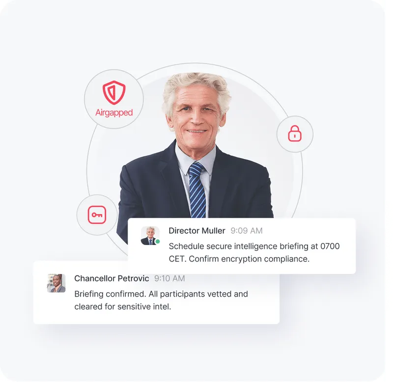Two men in separate chat messages discussing scheduling a secure intelligence briefing with encryption compliance and participant vetting.