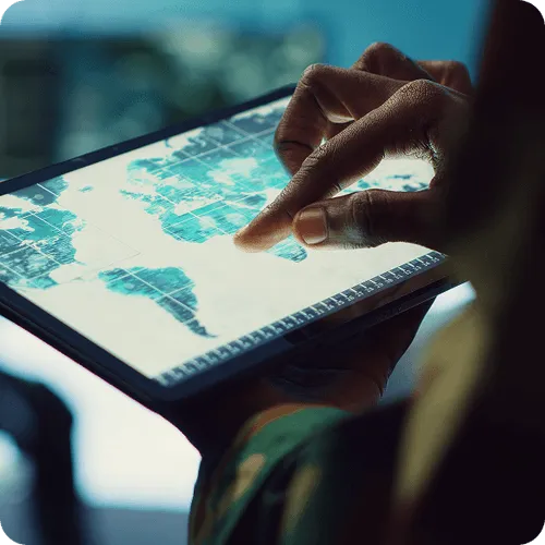 Person using finger to interact with a digital map displayed on a tablet screen.