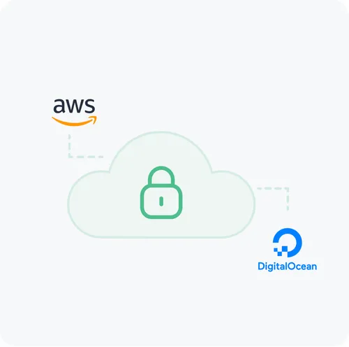 Illustration of a cloud with a green padlock icon in the center connected by dotted lines to the AWS and DigitalOcean logos.