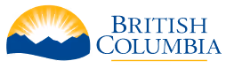 British Columbia government logo with stylized sun rising over blue mountains and text 'British Columbia'.