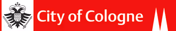 City of Cologne logo featuring a black eagle with a crown on a red background next to white text and twin spires.