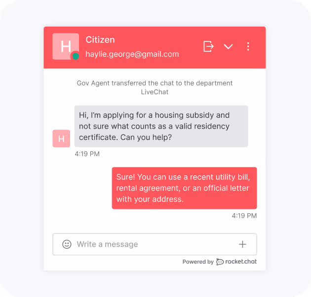 Chat interface showing a conversation where a user asks about valid residency certificates for housing subsidy, and the agent replies with acceptable documents like utility bill, rental agreement, or official letter.