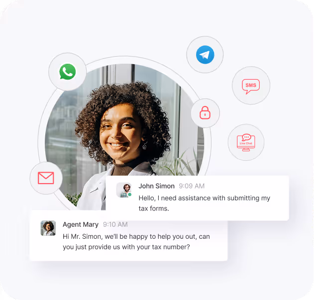 Young woman with curly hair smiling in front of a window, surrounded by messaging icons and chat boxes showing a customer support conversation about tax form assistance.