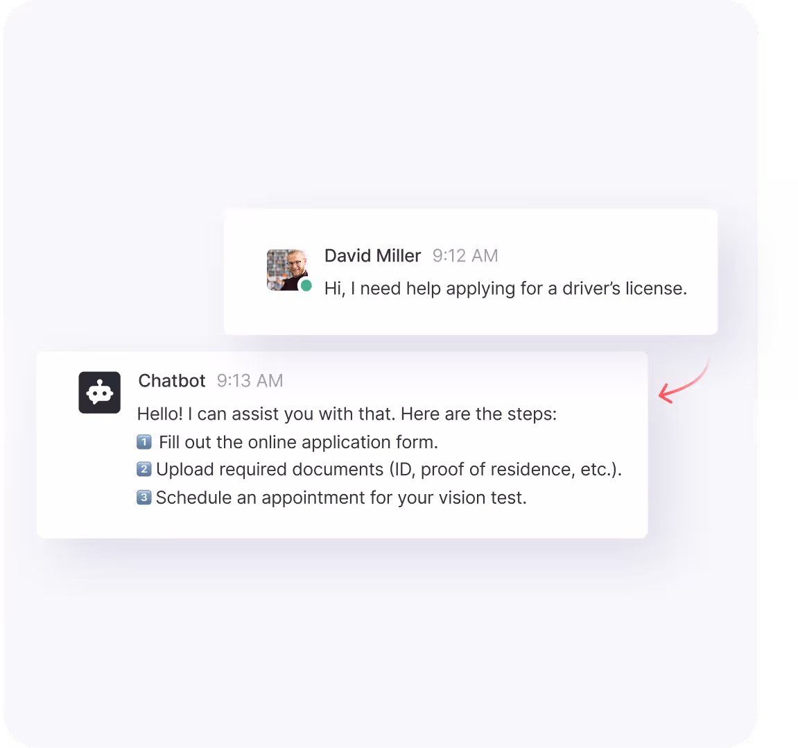Chat conversation where David Miller asks for help applying for a driver's license, and a chatbot responds with three steps: fill out an online form, upload documents, and schedule a vision test.