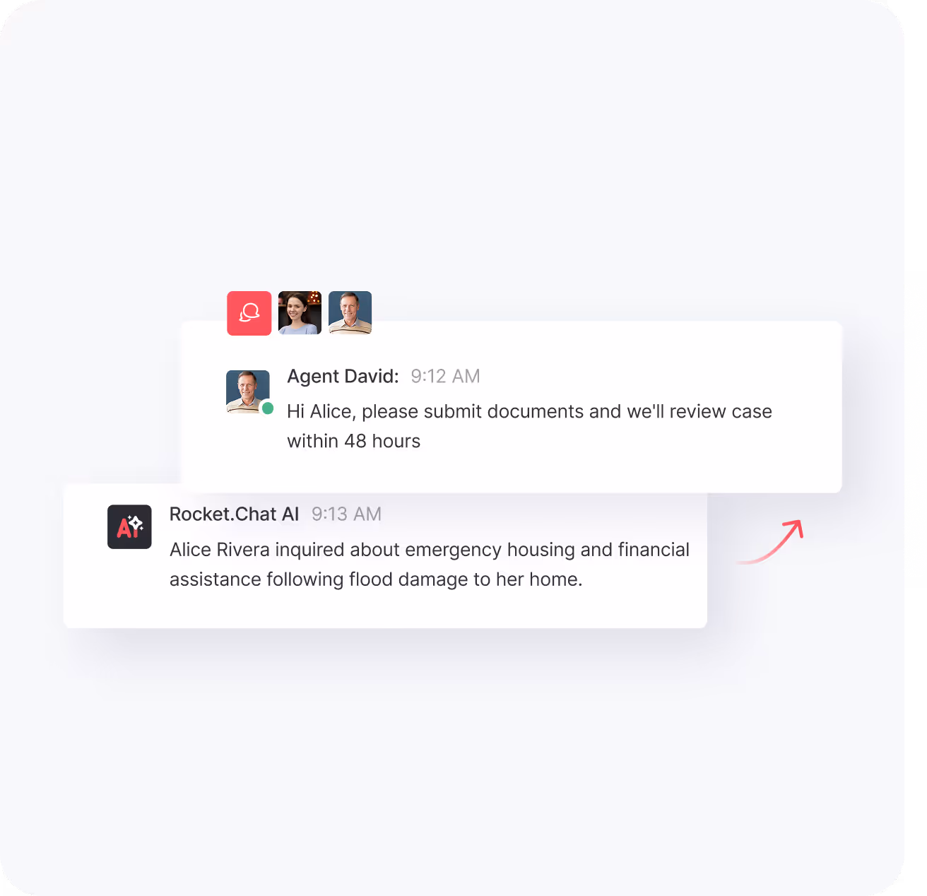 Chat conversation showing Agent David asking Alice to submit documents for case review, and Rocket.Chat AI noting Alice's inquiry about emergency housing and financial assistance after flood damage.