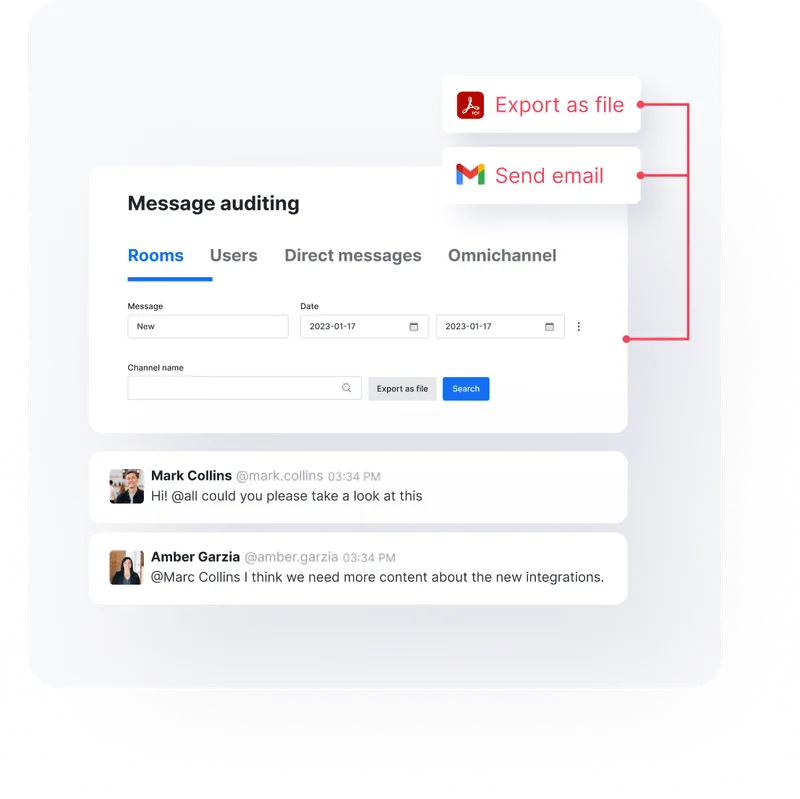 User interface for message auditing with tabs for Rooms, Users, Direct messages, Omnichannel; filter inputs for message, date range, and channel name; export and search buttons; conversation snippets from Mark Collins and Amber Garzia.