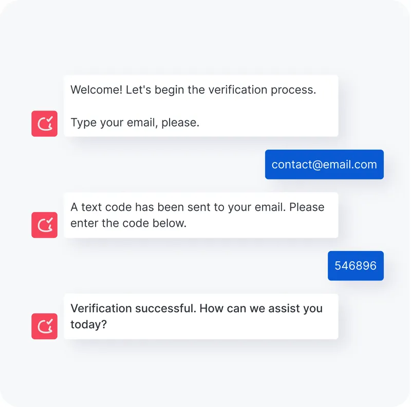 Chat interface showing a verification process with prompts to enter email and code, followed by a successful verification message.