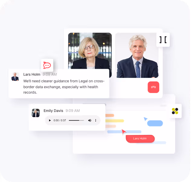 Screenshot of a virtual meeting interface showing a woman speaking, a man in a suit, text messages from Lars Holm about data exchange guidance, and an audio message from Emily Davis.