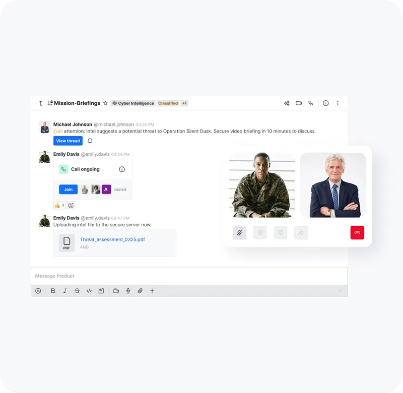 Screenshot of a secure mission briefing chat with messages about a cyber intelligence threat, an ongoing call with two participants shown, and a PDF file named Threat_assessment_0325.pdf being uploaded.