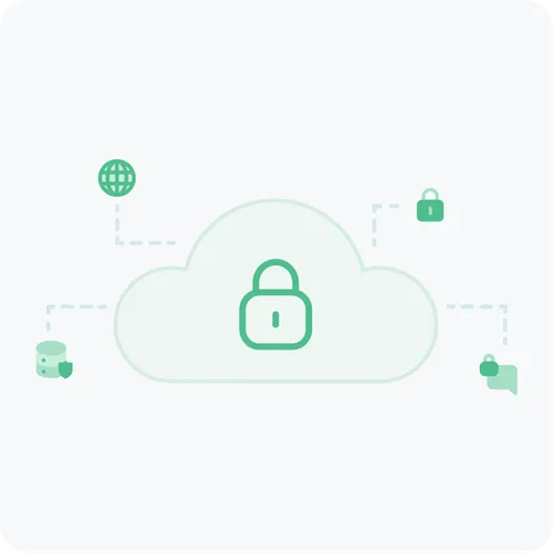 Cloud icon with a central lock symbol connected by dotted lines to a globe, a database, and two smaller locks representing cloud security.