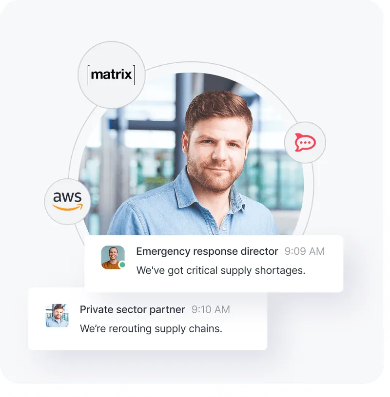 Man in blue shirt with chat messages about supply chain shortages and rerouting from emergency response director and private sector partner.