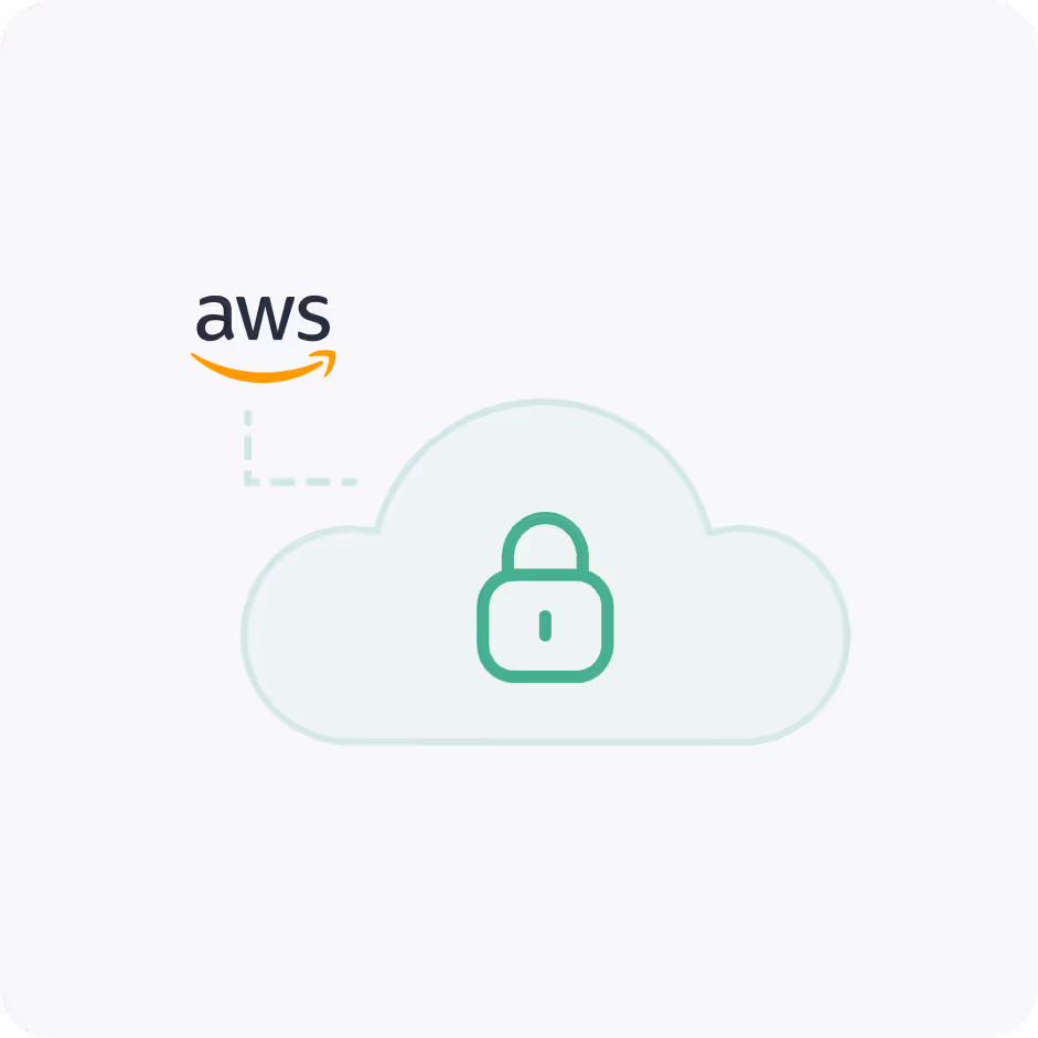 AWS logo connected by dotted line to a cloud icon with a padlock symbol, representing secure cloud services.