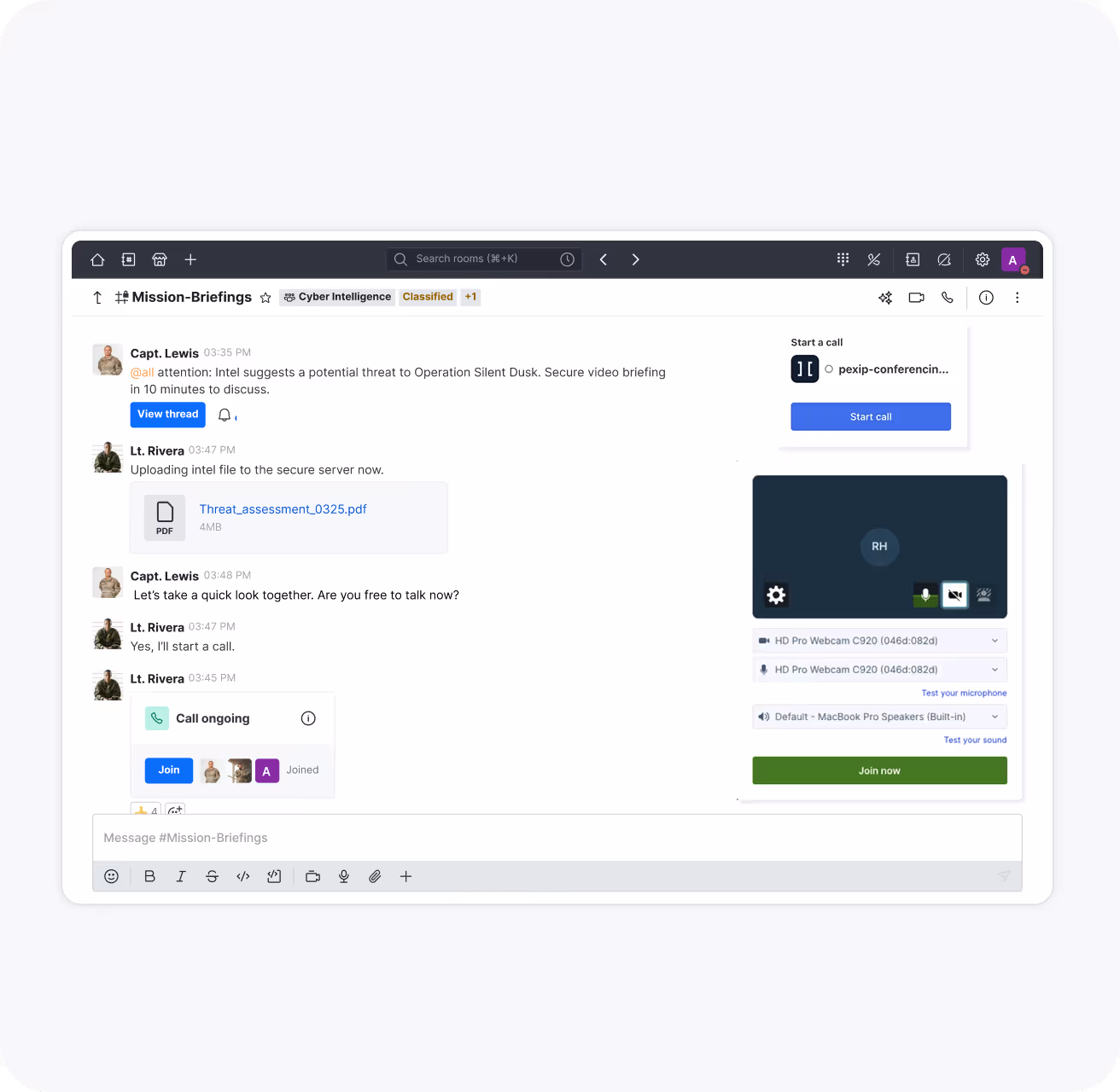 Screen capture of a secure chat room titled Mission-Briefings with messages about a potential threat, an uploaded PDF file, and ongoing call options.