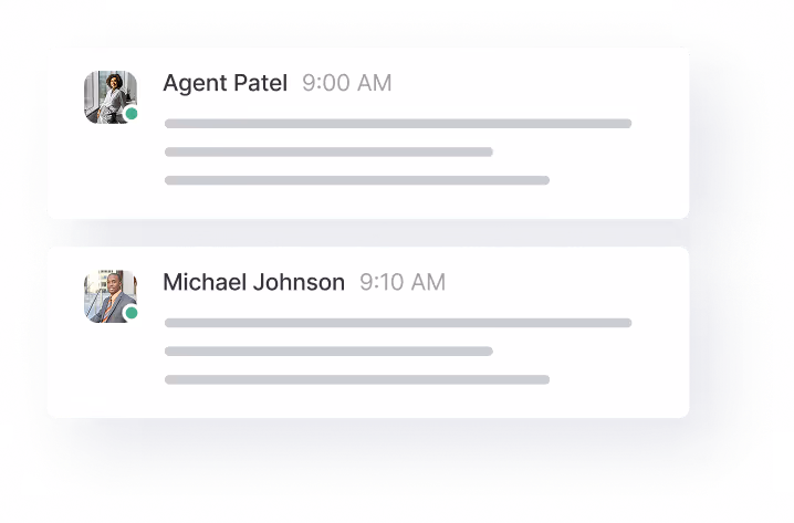 Chat interface showing messages from Agent Patel at 9:00 AM and Michael Johnson at 9:10 AM with profile pictures and green online status dots.