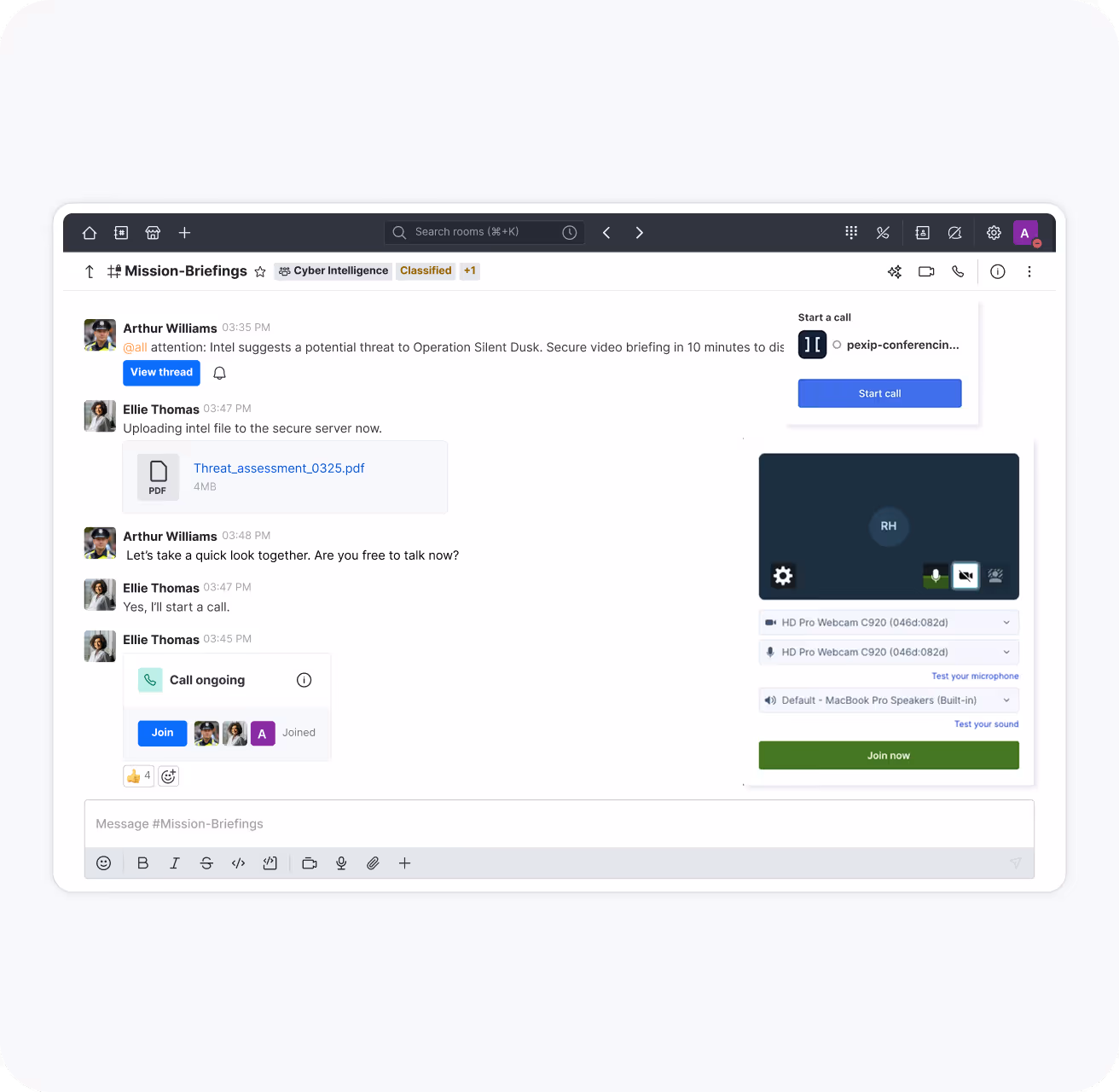 Chat interface titled Mission-Briefings showing a conversation about a potential threat with file upload and ongoing call options.