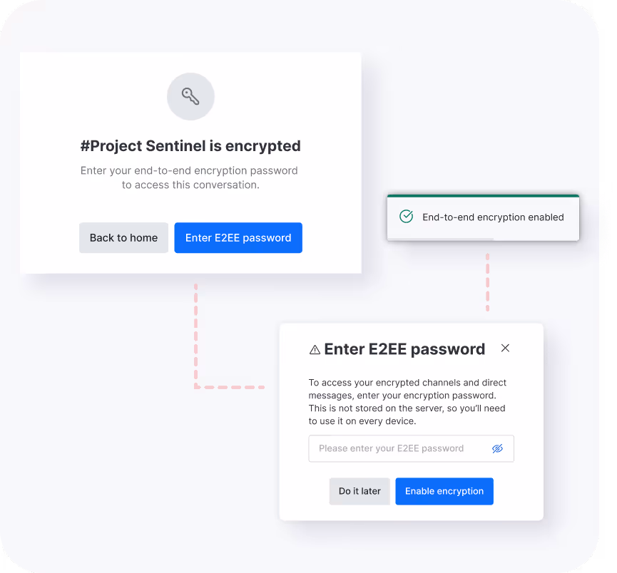Interface showing prompts for entering end-to-end encryption password for Project Sentinel with buttons for navigation and enabling encryption.