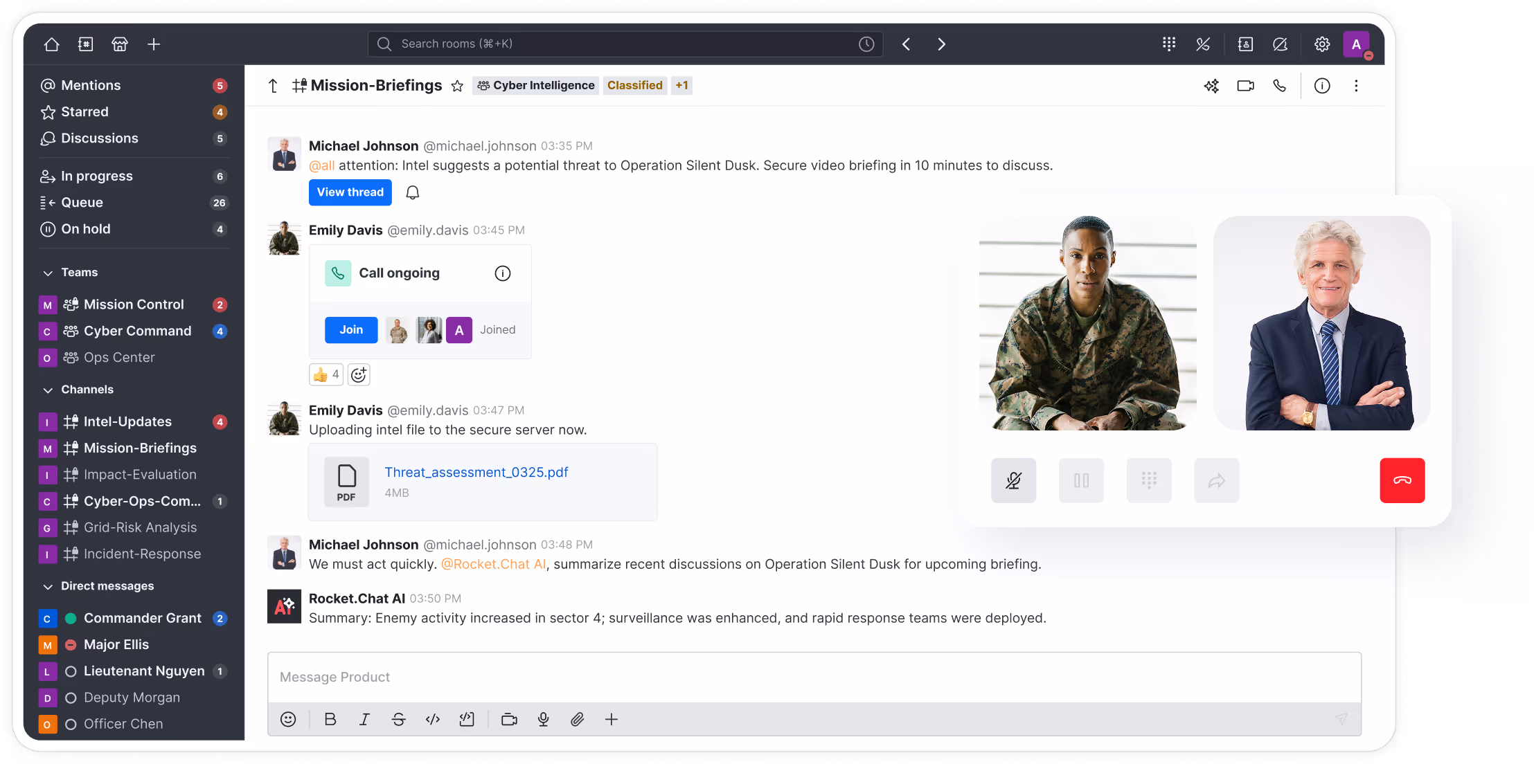 Chat interface showing mission briefing messages, file upload, and a video call with a soldier and a man in a suit.