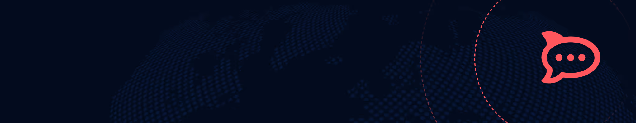Dark blue background with a dotted globe and a red speech bubble icon containing three dots.