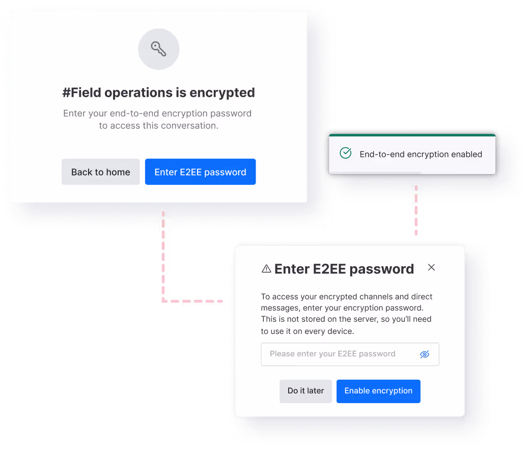 User interface screenshots showing end-to-end encryption prompts, including a message that field operations are encrypted, an option to enter E2EE password, and confirmation that encryption is enabled.