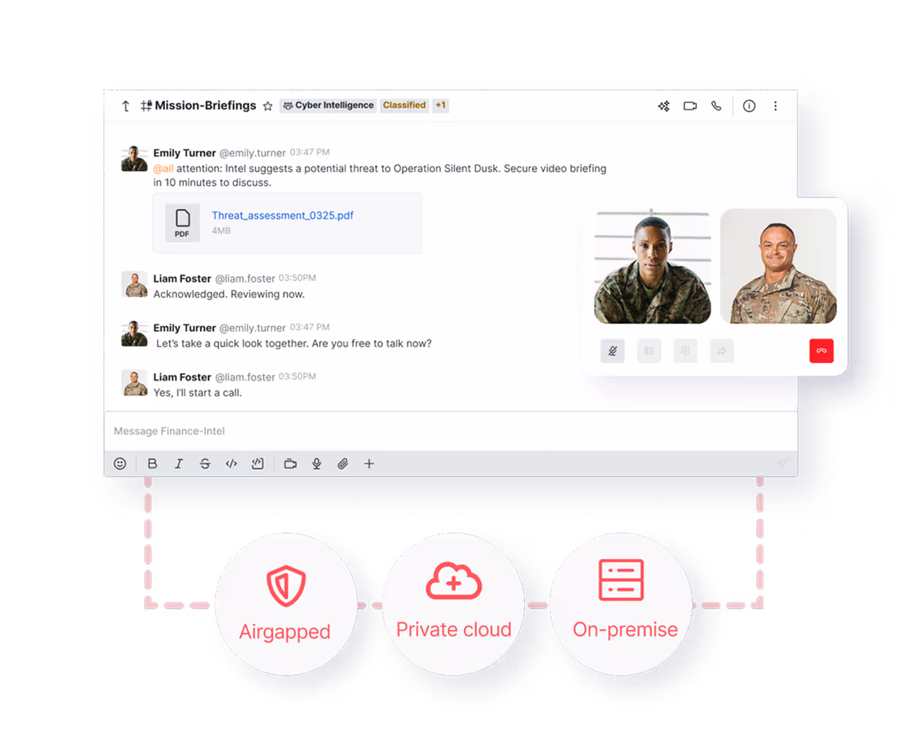 Chat interface titled Mission-Briefings showing a secure discussion about a threat to Operation Silent Dusk with attached PDF, video call with two military personnel, and icons labeled Airgapped, Private cloud, and On-premise connected below.