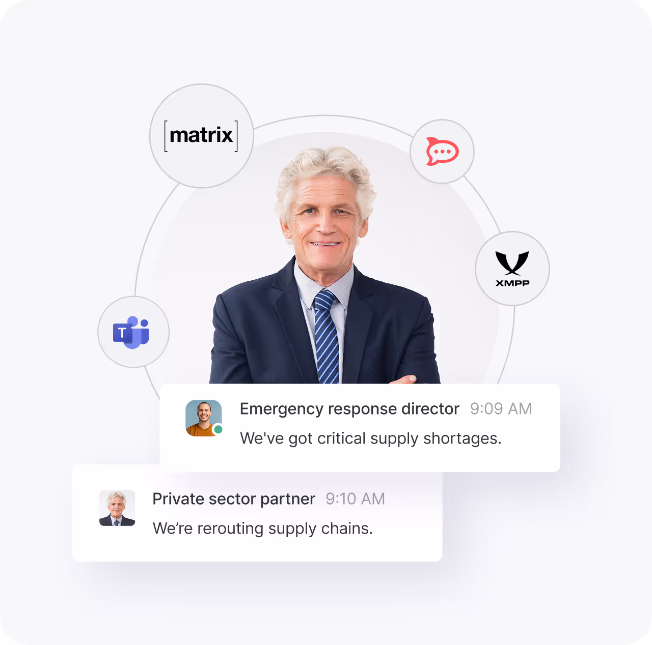 Smiling elderly man in suit with chat bubbles showing messages about critical supply shortages and rerouting supply chains, surrounded by logos of Matrix, Microsoft Teams, a chat icon, and XMPP.