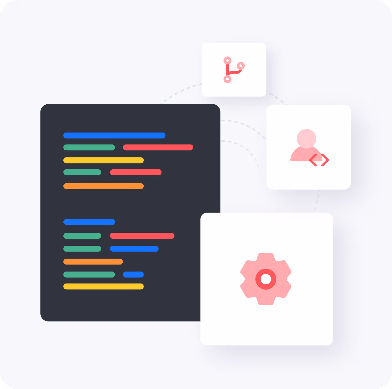 Illustration of colorful lines of code on a dark panel connected to pink icons of a user with code brackets, a gear, and a network branch.