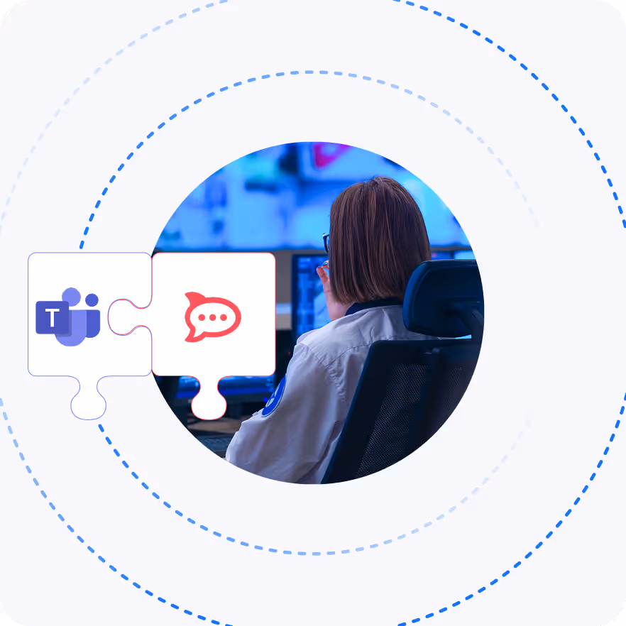 Person sitting at computer desk with coding on screens, alongside puzzle pieces showing Microsoft Teams and chat icons.