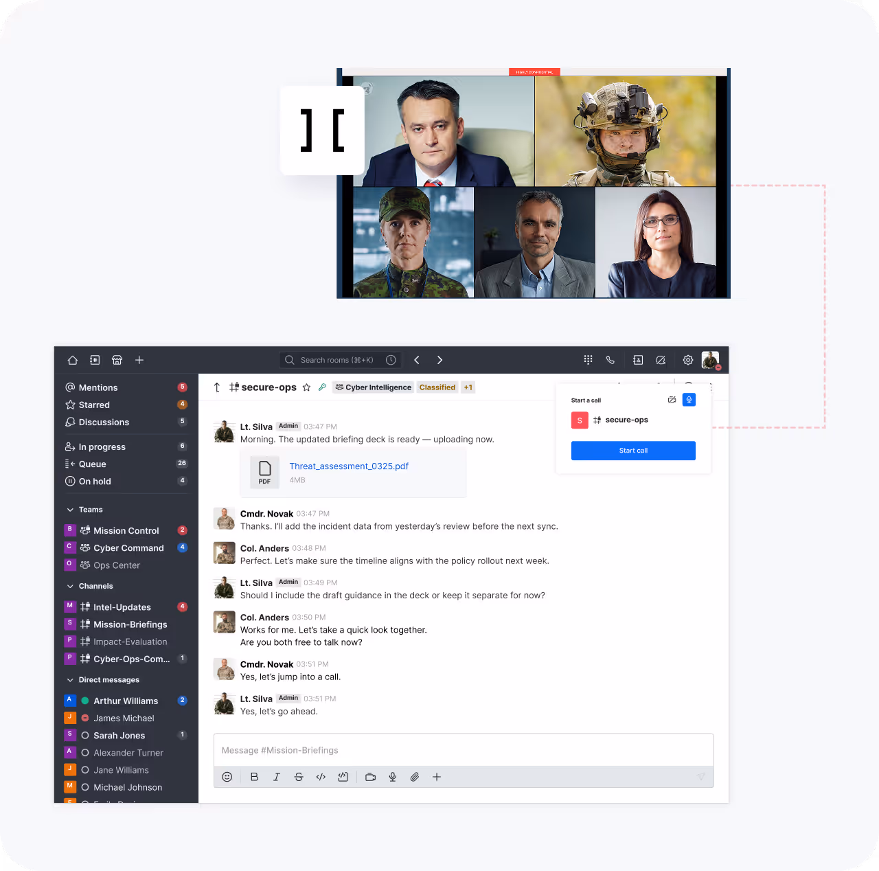 Video call screen with five participants and secure-ops team chat showing messages about briefing deck and scheduling a call.