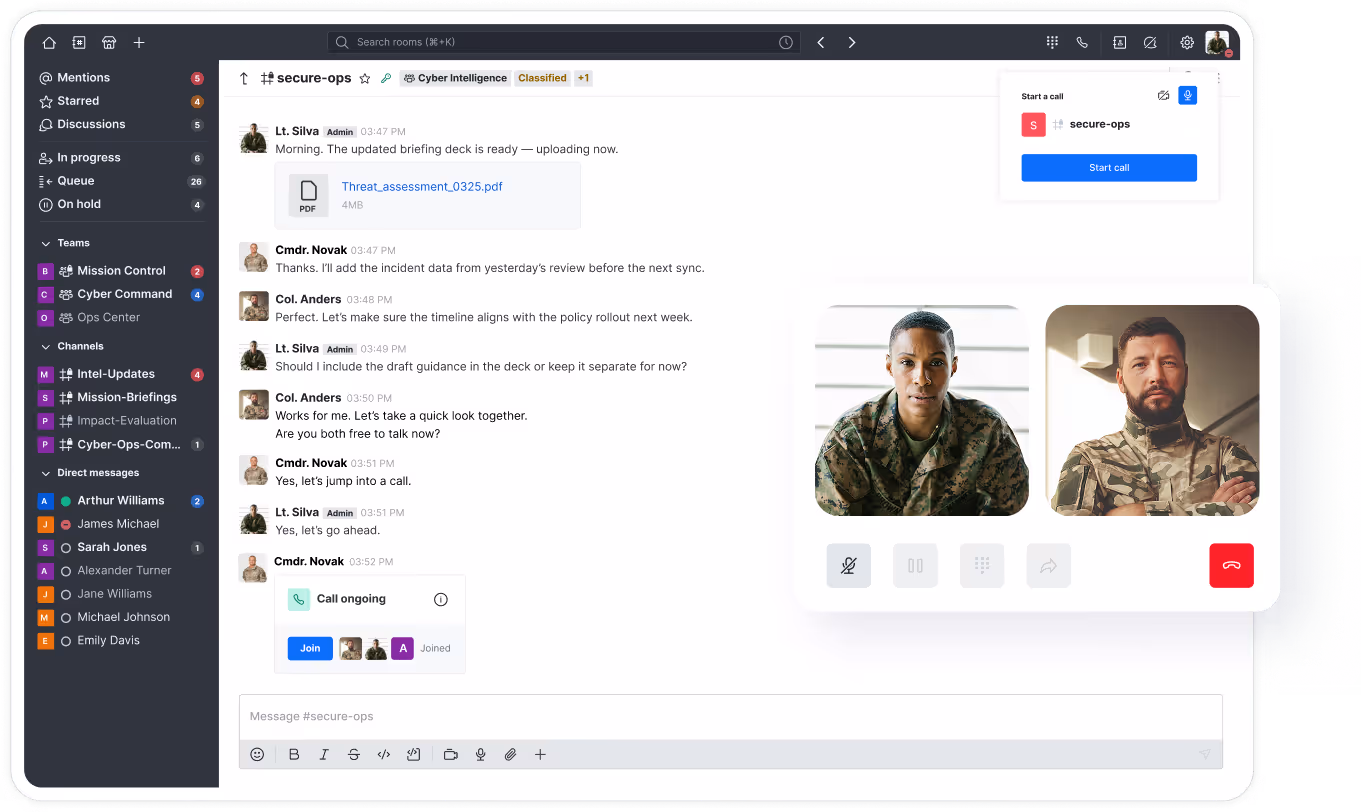 Messaging app interface showing a secure-ops team chat with shared PDF, ongoing call between two military personnel, and participant list.