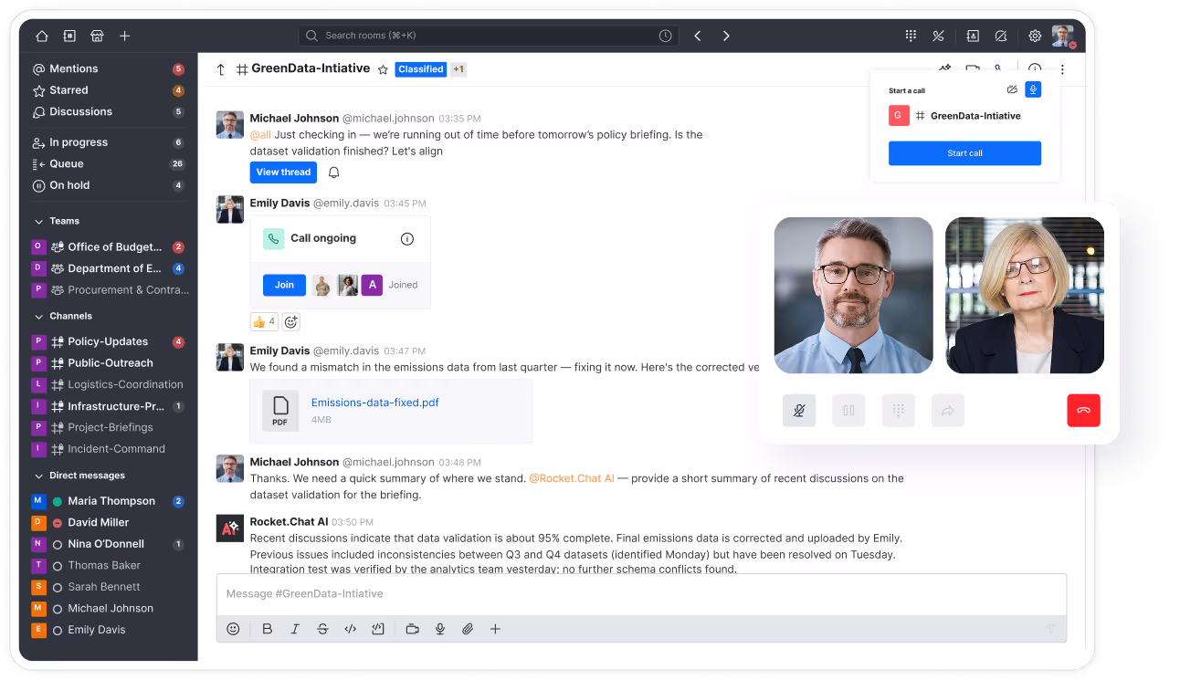 Screenshot of a team chat application showing a conversation on 'GreenData-Initiative' with live call ongoing, participants' video feeds, shared PDF file, and sidebar with mentions, teams, channels, and direct messages.