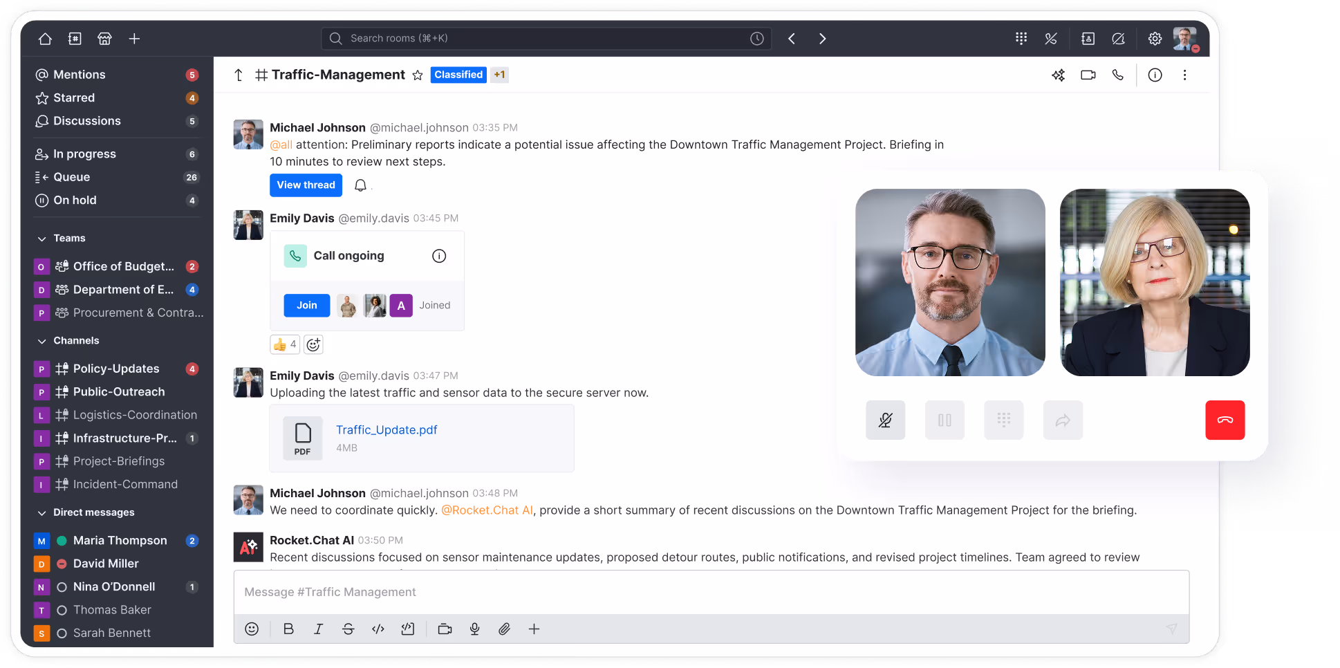 Chat interface for Traffic-Management team with messages, ongoing call window showing two participants, and shared PDF document.