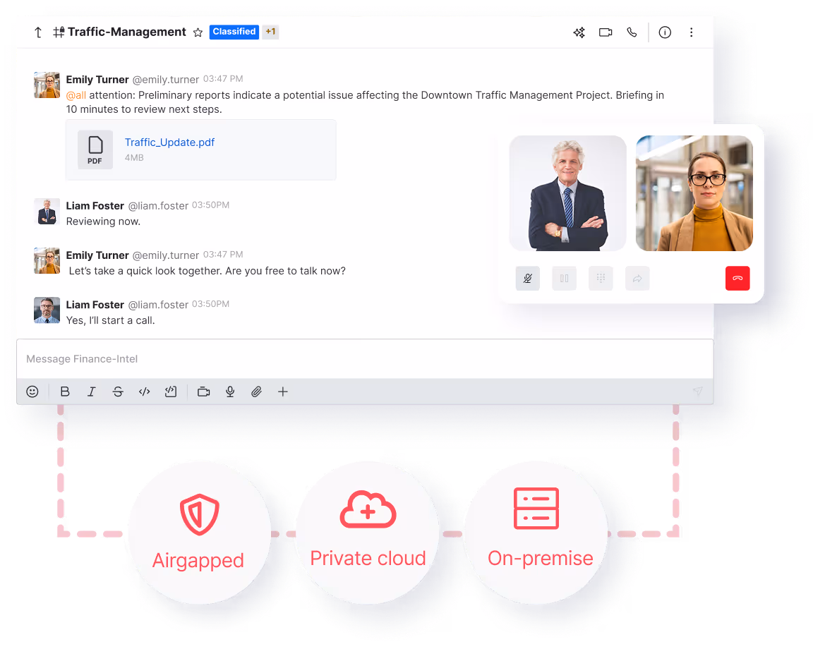 Screenshot of a messaging app conversation about a traffic management issue with an attached PDF and two participants in a video call, connected to icons labeled Airgapped, Private cloud, and On-premise.