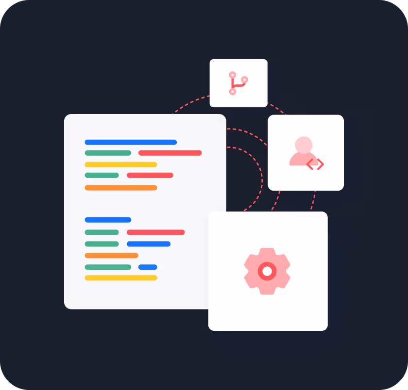 Colorful code snippets on a window with icons of a branching diagram, a user with code brackets, and a gear connected by dotted lines.
