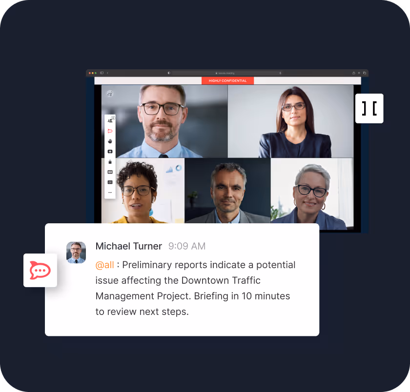 Video conference call with five professionals in separate frames and a message from Michael Turner about a Downtown Traffic Management Project briefing.