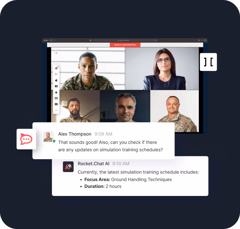 Video conference screen showing five participants in military and business attire during a meeting on simulation training schedules with chat messages below discussing training focus and duration.