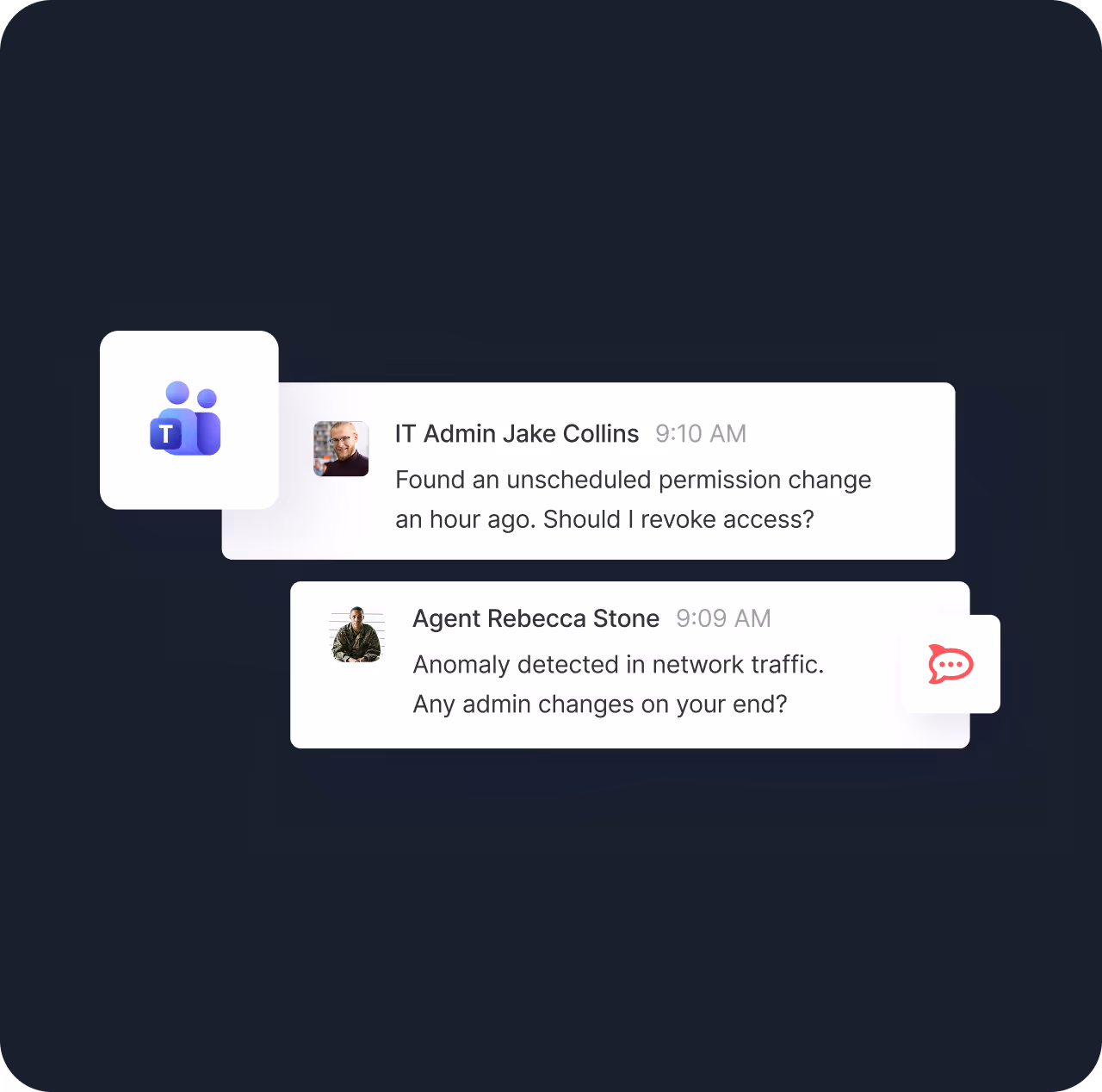 Microsoft Teams chat showing a message from IT Admin Jake Collins about an unscheduled permission change, and a reply from Agent Rebecca Stone about an anomaly detected in network traffic.