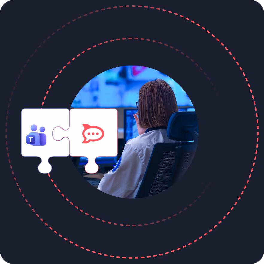 Person with short hair sitting in front of multiple computer screens, with two puzzle pieces overlay showing Microsoft Teams and chat icons.