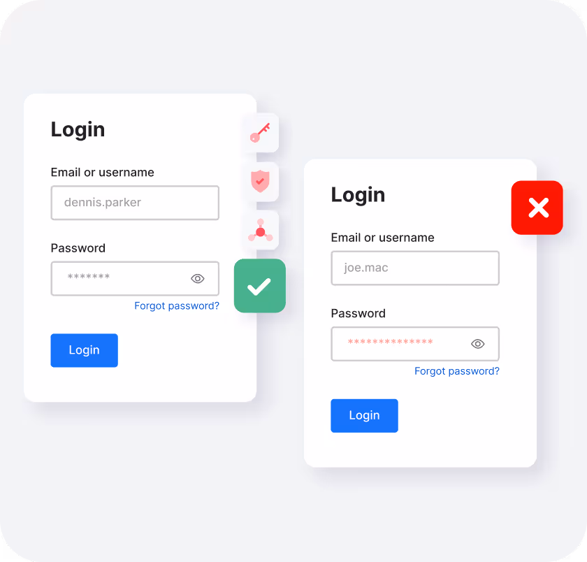 Two login forms side by side showing valid and invalid input; left form with username dennis.parker and masked password with a green check mark, right form with username joe.mac and a longer masked password with a red X mark.