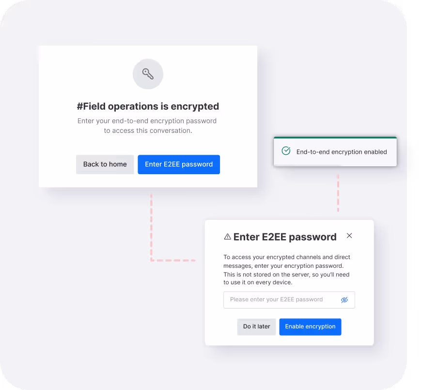 User interface showing prompts to enter an end-to-end encryption (E2EE) password with buttons labeled Back to home, Enter E2EE password, Do it later, and Enable encryption, plus a confirmation message stating encryption is enabled.