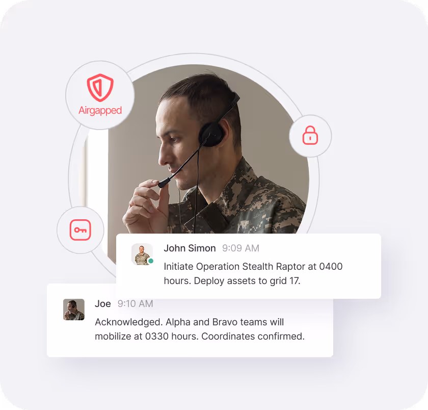 Male soldier in camouflage uniform wearing a headset and speaking, with chat messages about a military operation overlayed and security icons around.