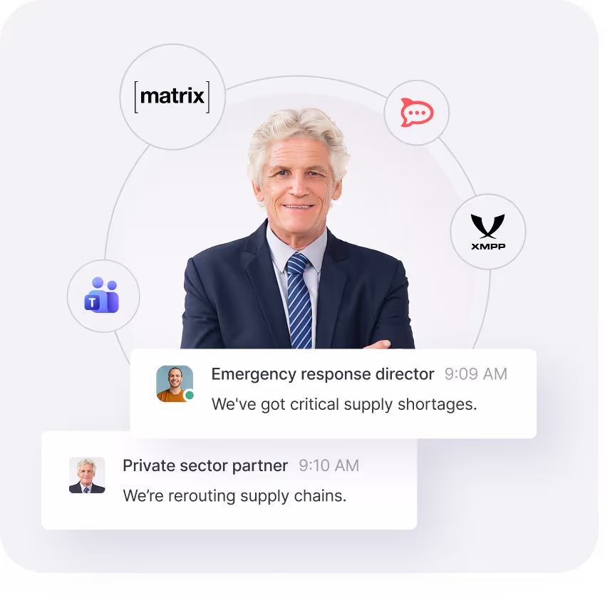 Smiling older man in a suit with chat bubbles showing messages about supply chain rerouting and critical supply shortages, surrounded by icons including Matrix, Microsoft Teams, a chat bubble, and XMPP.