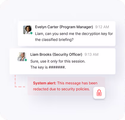 Chat between Evelyn Carter and Liam Brooks about a decryption key, with a system alert stating the message was redacted for security policies.