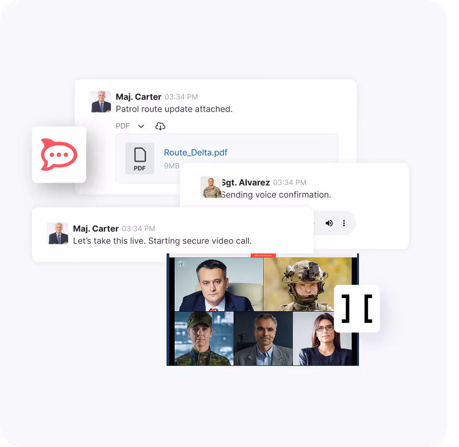 Chat conversation with Maj. Carter attaching PDF file Route_Delta.pdf, Sgt. Alvarez sending voice confirmation, and a secure video call showing six participants including military personnel.