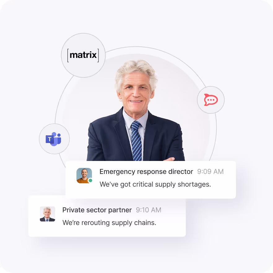 Smiling older man in a suit with communication icons and chat messages about supply chain rerouting and shortages.