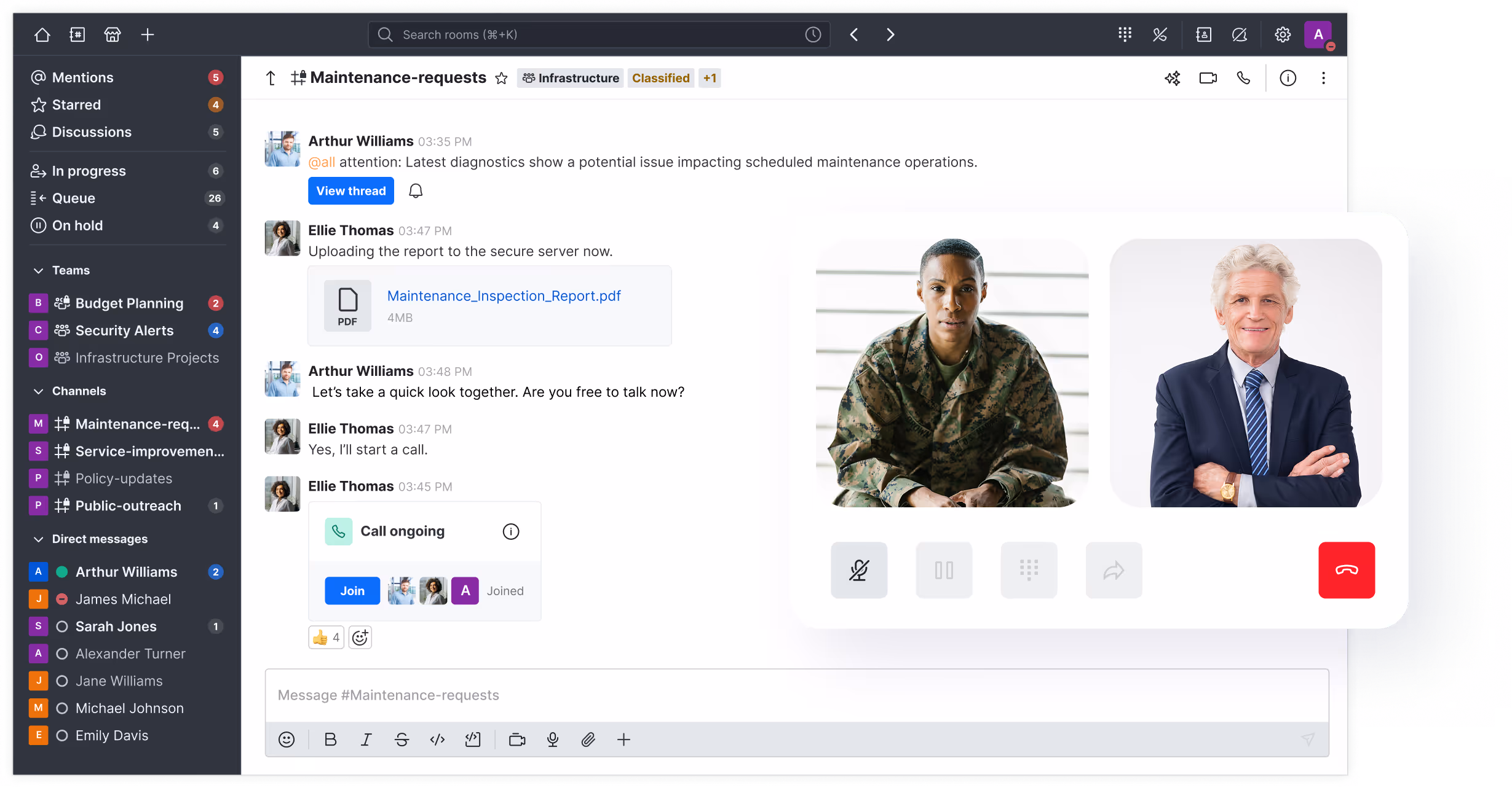 Messaging app interface showing a Maintenance-requests channel with a PDF file shared, conversation between Arthur Williams and Ellie Thomas, and an ongoing video call with a woman in military uniform and an older man in a suit.