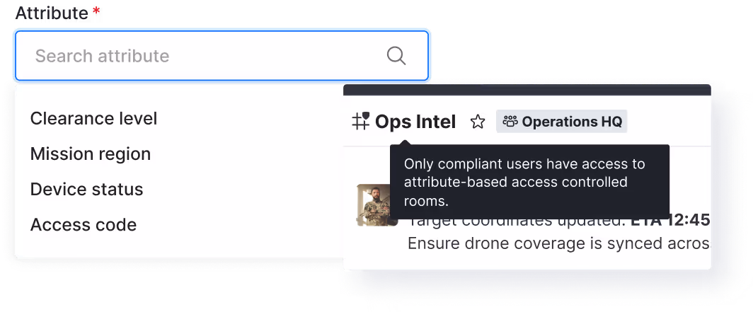 User interface showing an attribute search box with options: Clearance level, Mission region, Device status, Access code, and a tooltip stating only compliant users have access to attribute-based access controlled rooms.