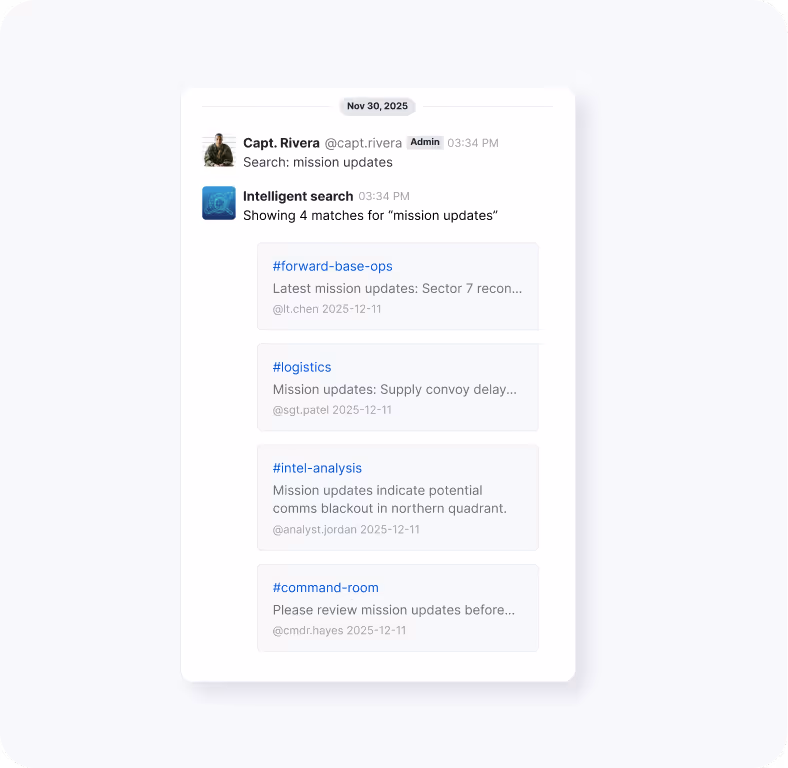 Chat interface dated Nov 30, 2025, showing Capt. Rivera searching 'mission updates' with intelligent search returning four relevant messages from different channels.