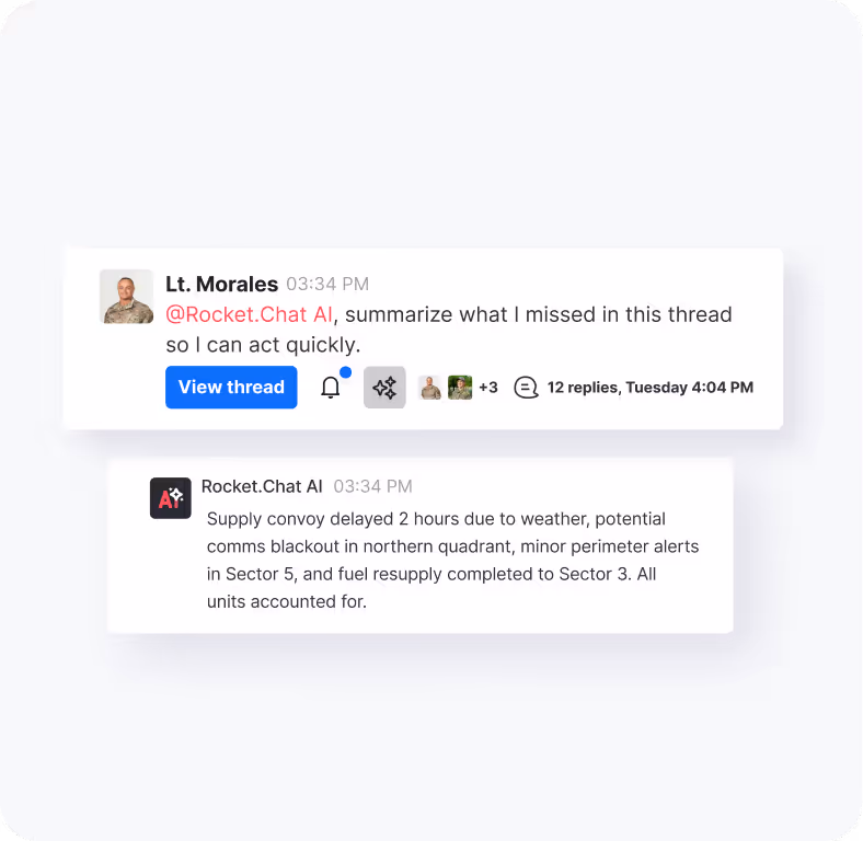Chat interface showing Lt. Morales asking Rocket.Chat AI to summarize missed messages, with AI replying about convoy delay, comms blackout, perimeter alerts, and fuel resupply.